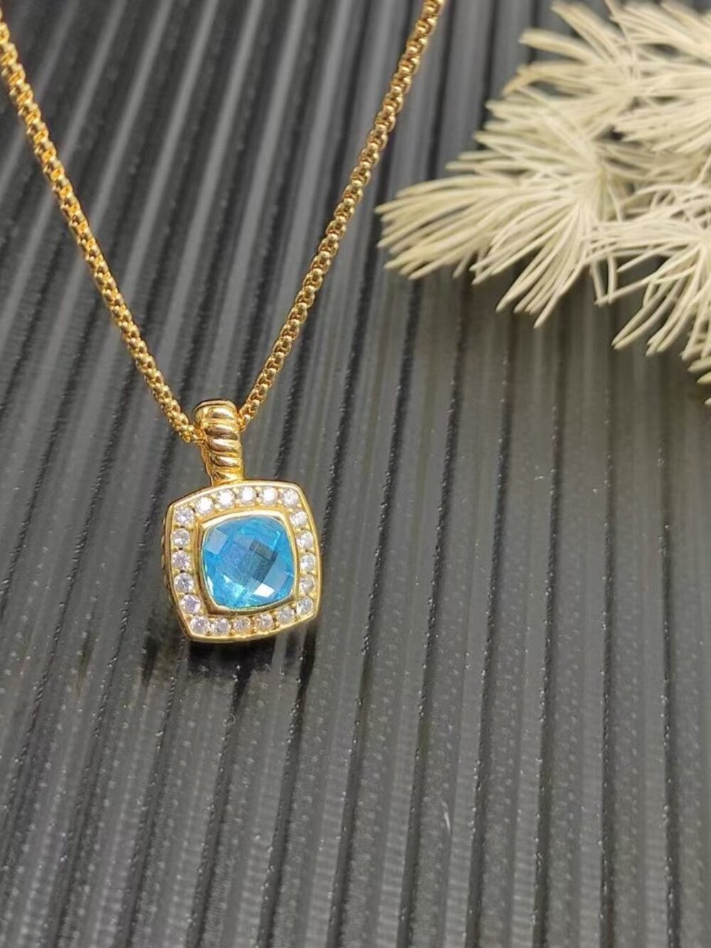 David Yurman Gold Blue Topaz Pavé‑Halo Pendant Necklace